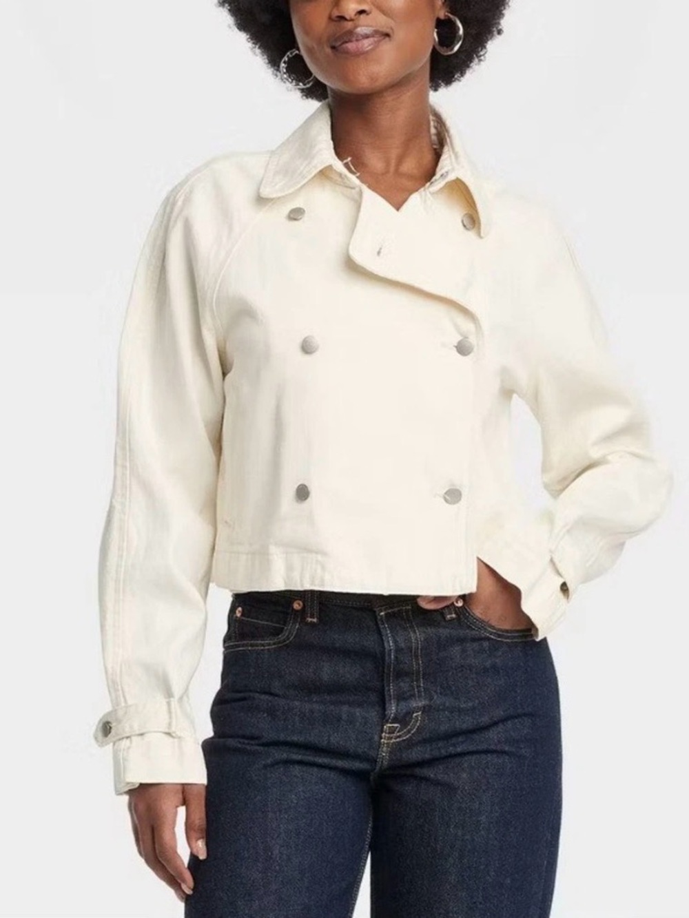 Universal Thread Cream Cropped Double-Breasted Jean Jacket